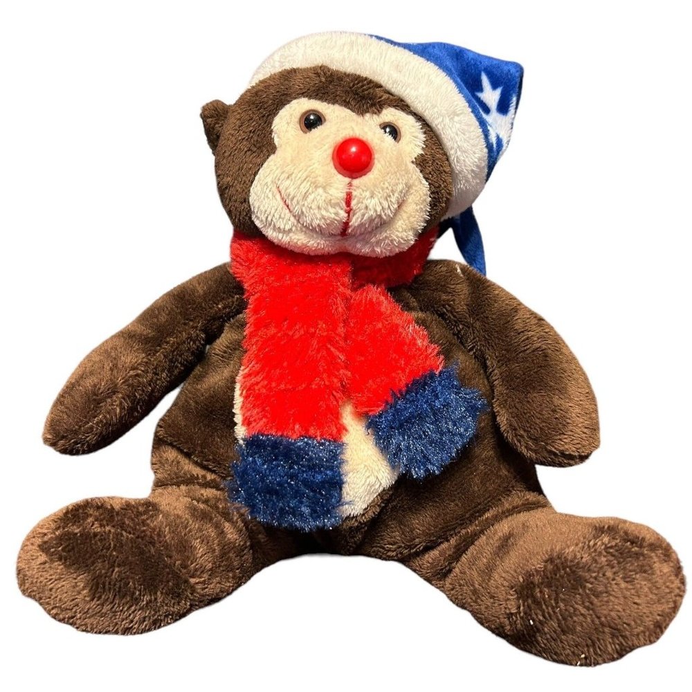 Holiday Time Christmas Hat and Scarf Holiday Brown Monkey Plushie Stuffed Toy